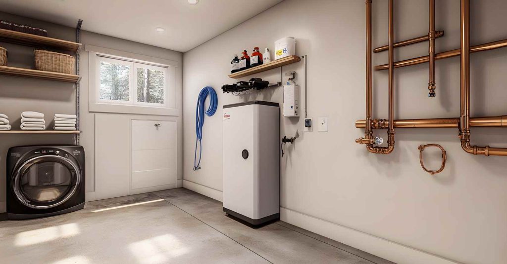 Appareil de chauffage thermodynamique installé dans une buanderie dans le cadre d'une installation chauffage thermodynamique maison.