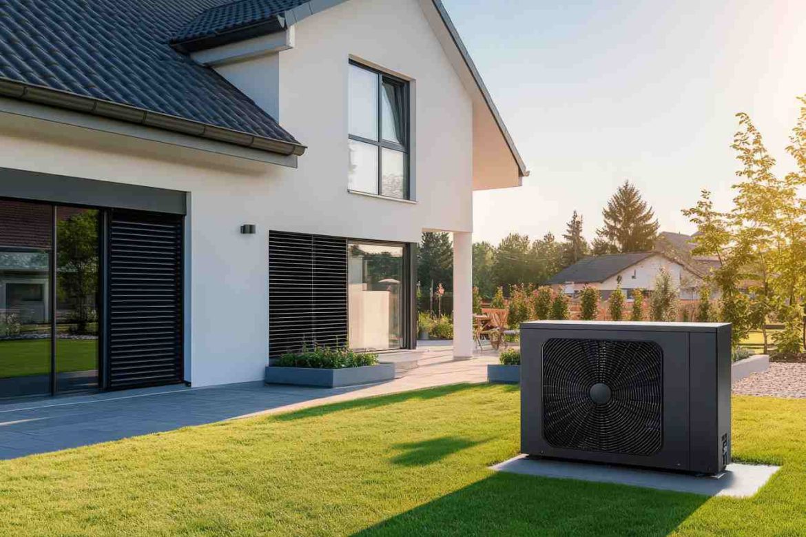 Unité extérieure d'une pompe à chaleur installée dans le jardin d'une maison moderne dans le cadre d'une installation chauffage thermodynamique maison